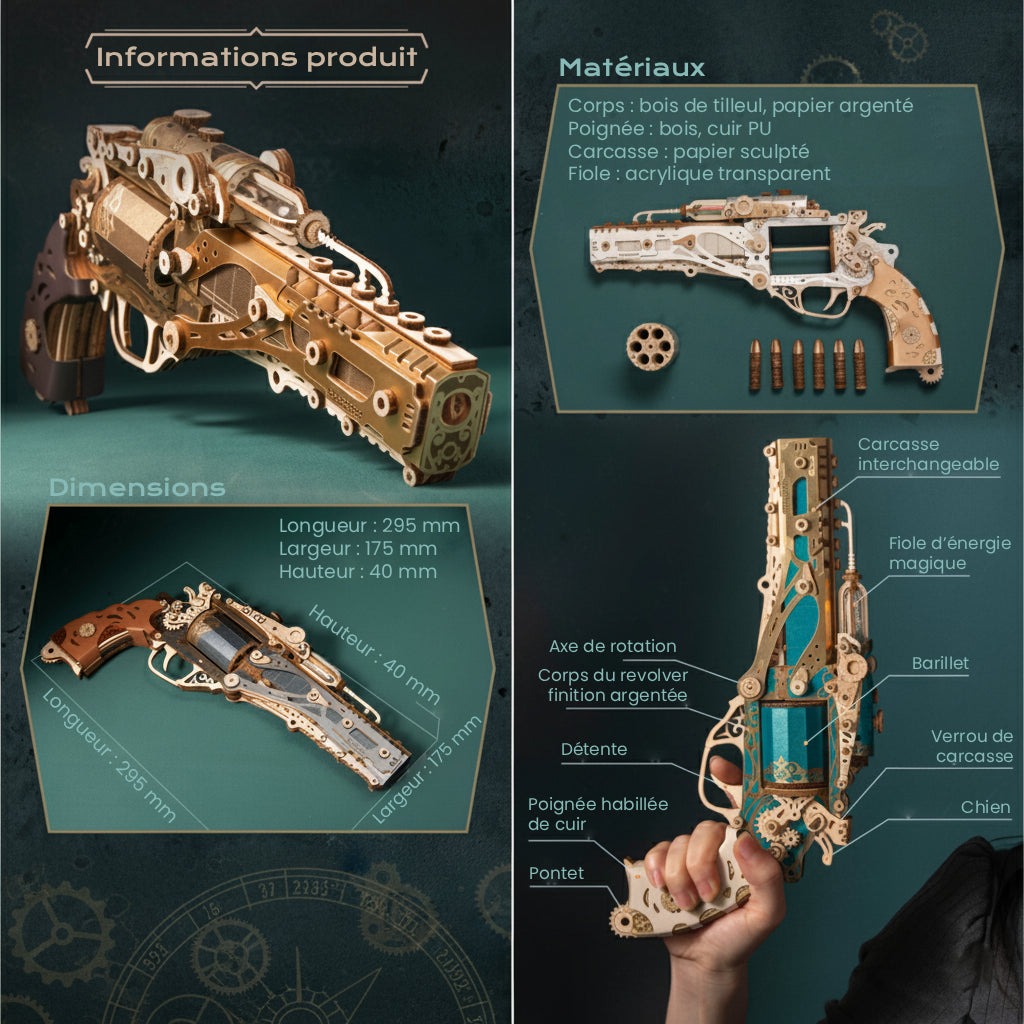 Revolver Steampunk - puzzle 3d en bois