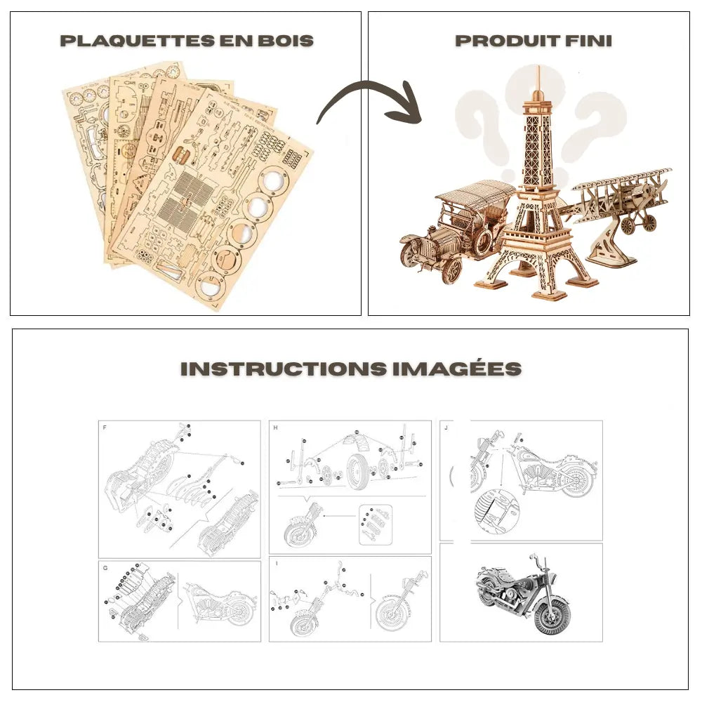 Kit de puzzle 3D en bois comprenant les plaquettes en bois prédécoupées avec précision, les instructions de montage illustrées et le modèle final entièrement assemblé.