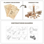 Kit de puzzle 3D en bois comprenant les plaquettes en bois prédécoupées avec précision, les instructions de montage illustrées et le modèle final entièrement assemblé.