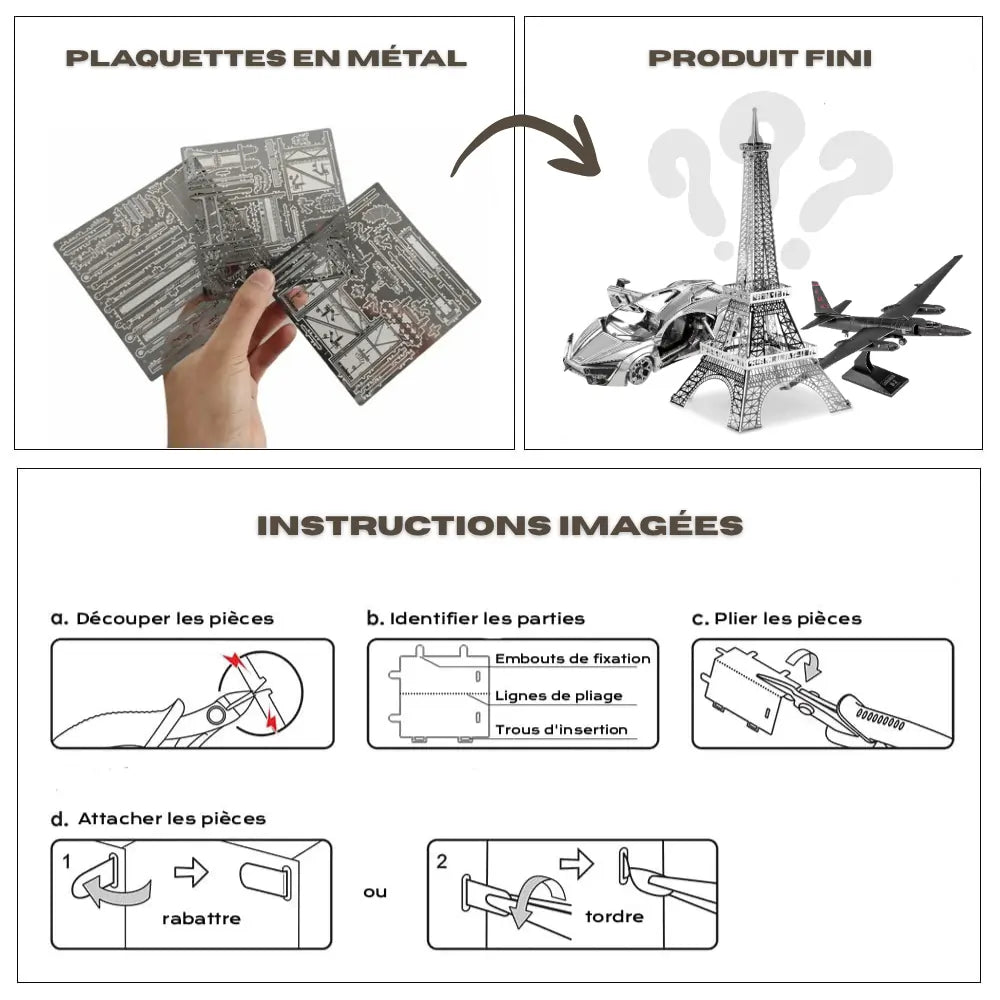 Kit de puzzle 3D en métal comprenant les plaquettes découpées avec précision, des instructions de montage illustrées et le modèle final entièrement assemblé.